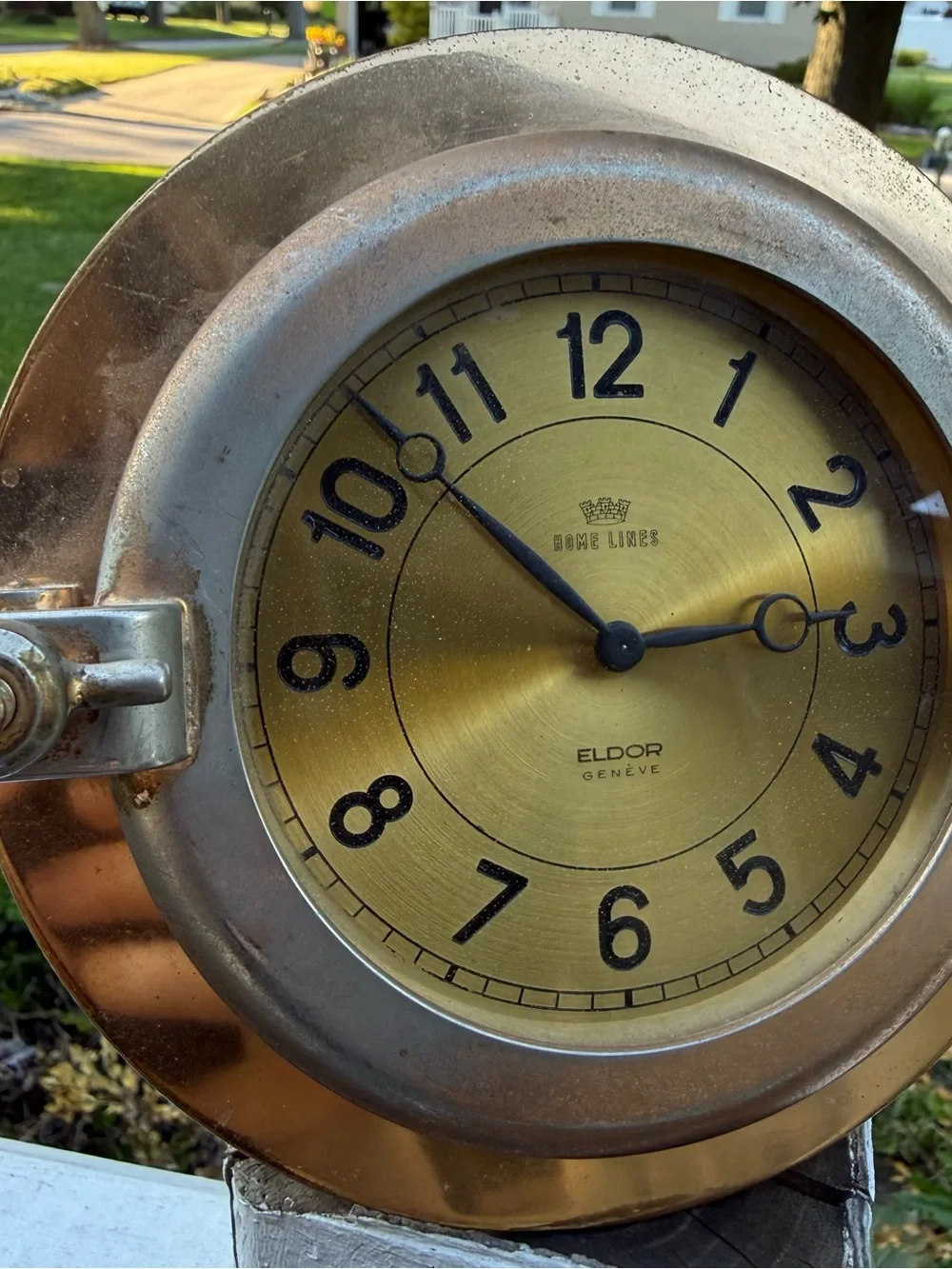 Brass porthole nautical Geneve Eldor Home Line Cruise Ship Clock
